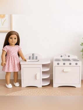 American Girl Pottery Barn Wooden Doll Kitchen Set Stove Sink Pink
